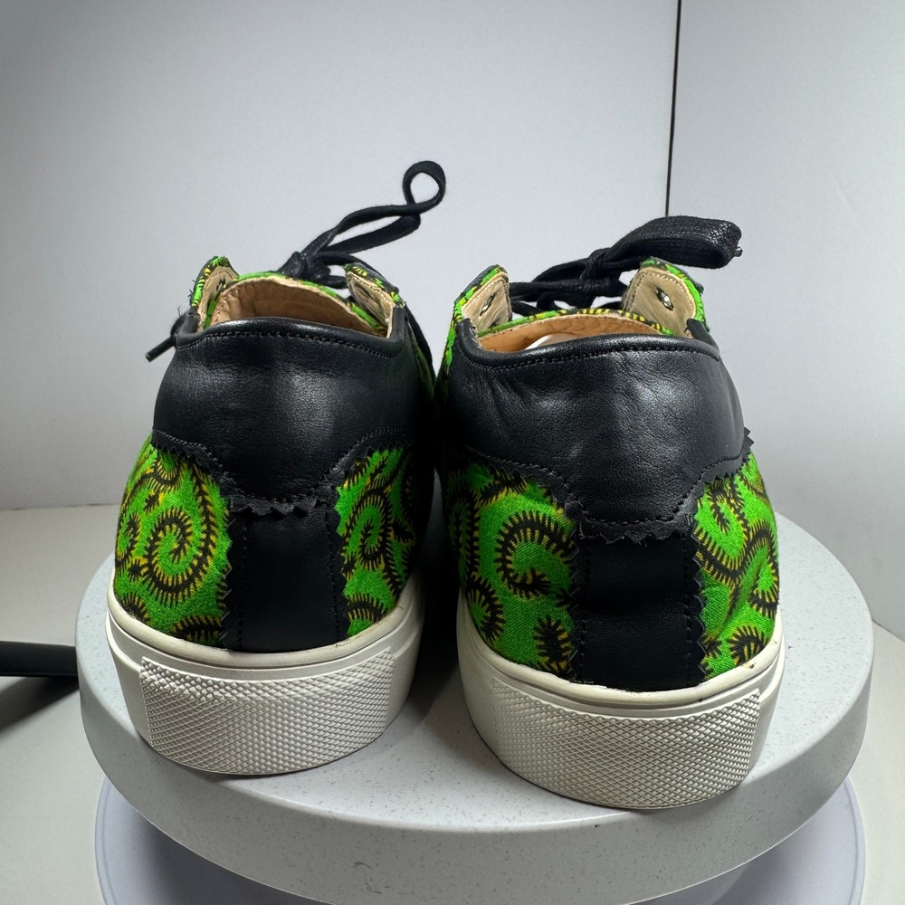 Kamod African Sneakers Low Top Green Swirl Print Black Leather Lace Up Mens 9.5 - Picture 5 of 14